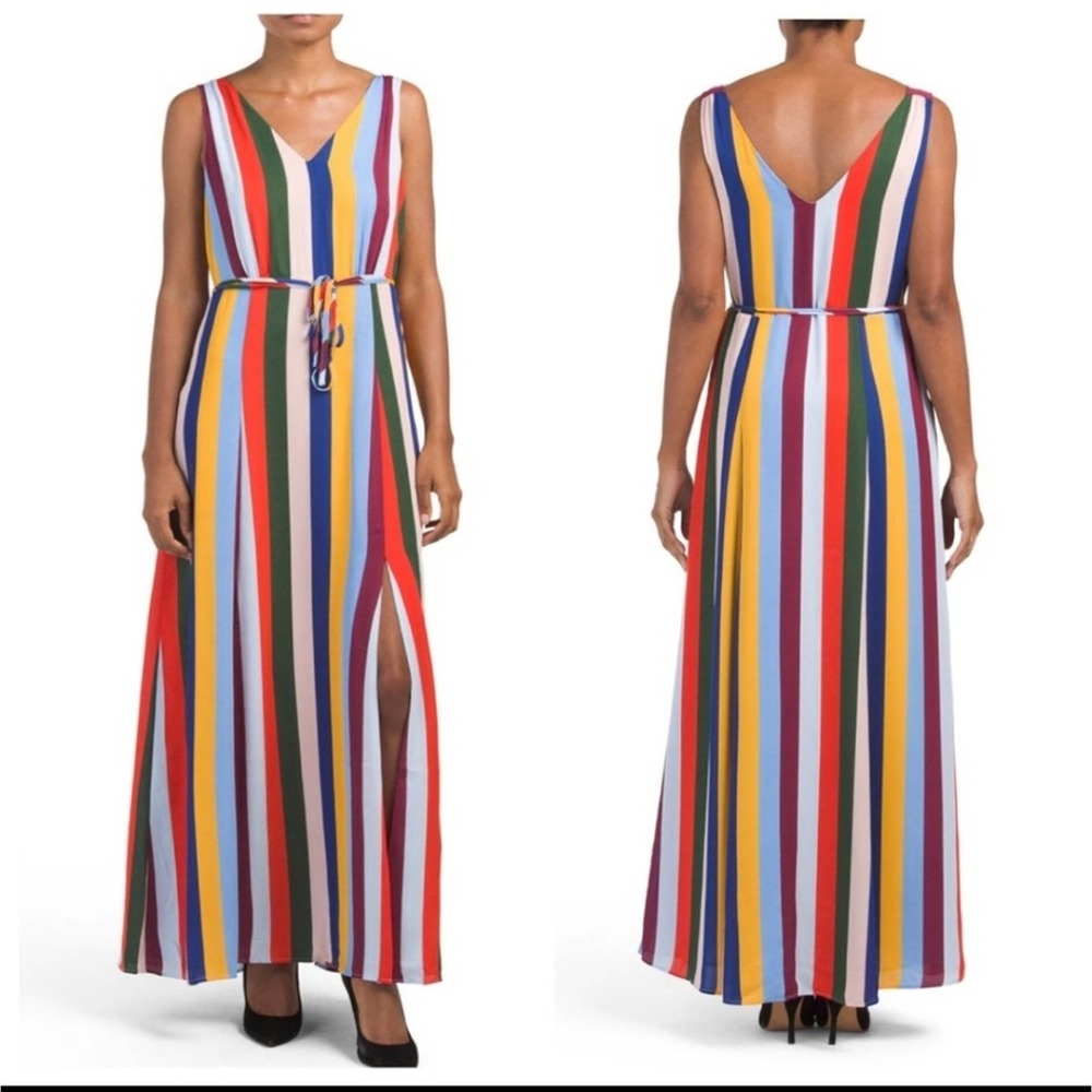 BELLE VERE MULTICOLOR STRIPE V-NECKLINE SLEEVELESS MAXI DRESS WOMEN'S SIZE LARG
